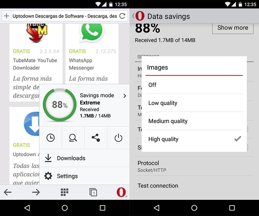 Savings mode and settings in Opera Mini