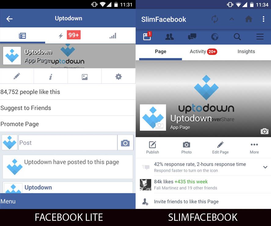 Uptodown page in Facebook Lite and SlimFacebook